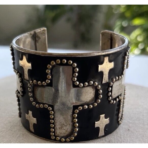 Vintage Silver Cuff Bracelet Cross Religious Handmade Sz 7-7.5” Bohemian Western - Picture 6 of 11